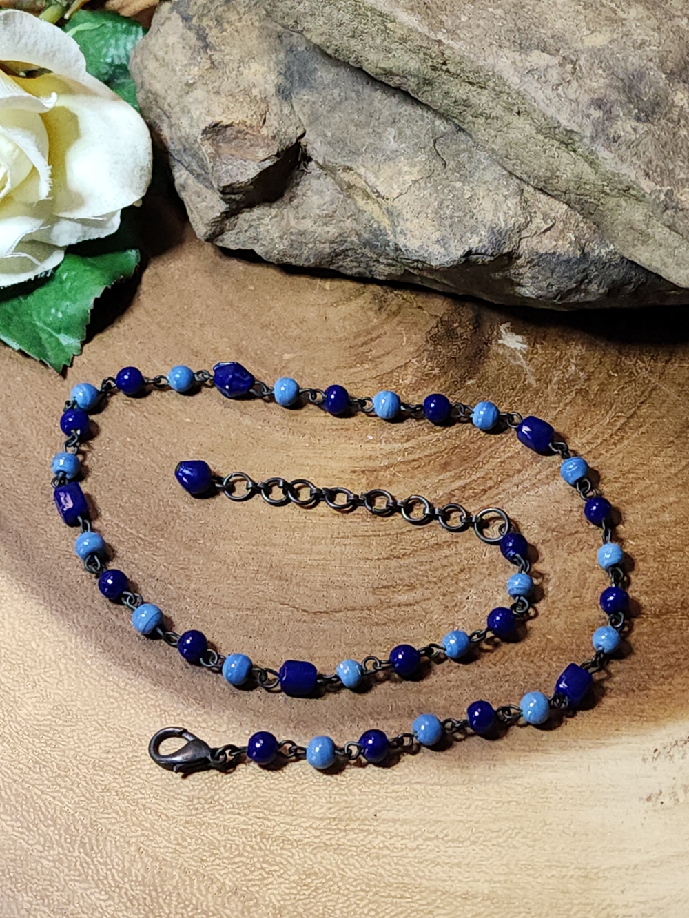 Vintage Blue Glass Beaded Necklace - Elegant Women's Jewelry 16"